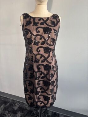 Adrianna Papell Black Sequin Floral Midi Dress with Taupe Base